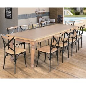 Conjunto Jantar Mesa Leonora Madeira Maciça 240x100 com 10 Cadeiras Paris Base Alumínio - Mel