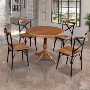 Conjunto Jantar Mesa Madeira Maciça Redonda 1m Madalena Rústica com 4 Cadeirass Paris Base Alumínio Castanho