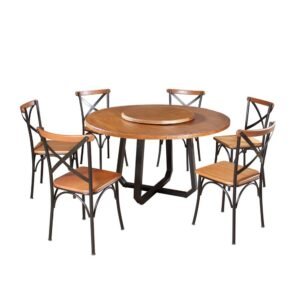 Mesa Jantar Redonda Prato Giratório Clarisse 1,60m Madeira 6 Cadeiras Paris Base Alumínio Castanho