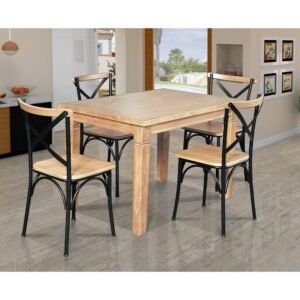 Mesa Jantar Retangular Madeira Maciça Aurora 120x80 com 4 Cadeiras Paris Base Alumínio - Mel