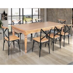 Conjunto Jantar Mesa Leonora Madeira Maciça 240x100 com 8 Cadeiras Paris Base Alumínio - Mel