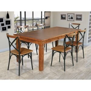 Mesa Jantar Retangular Madeira Maciça Aurora 160x80 com 6 Cadeiras Paris Base Alumínio - Castanho