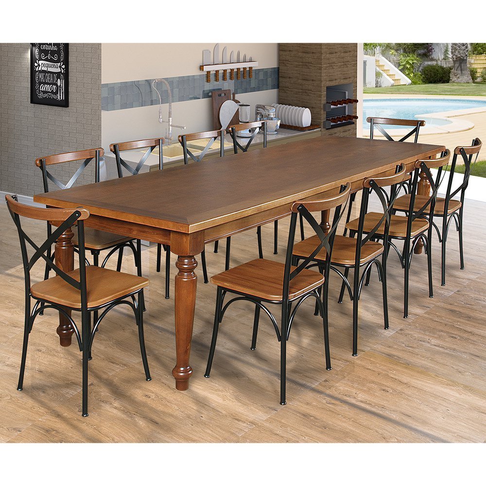 Conjunto Jantar Mesa Leonora Madeira Maciça 240×100 cm com 10 Cadeiras Paris Base Alumínio – Castanho