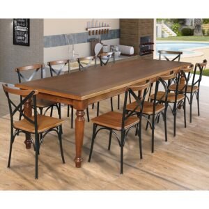 Conjunto Jantar Mesa Leonora Madeira Maciça 294x100 com 10 Cadeiras Paris Base Alumínio - Castanho