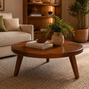 Mesa De Centro Redonda Para Sala Madeira Maciça 54cm Castanho